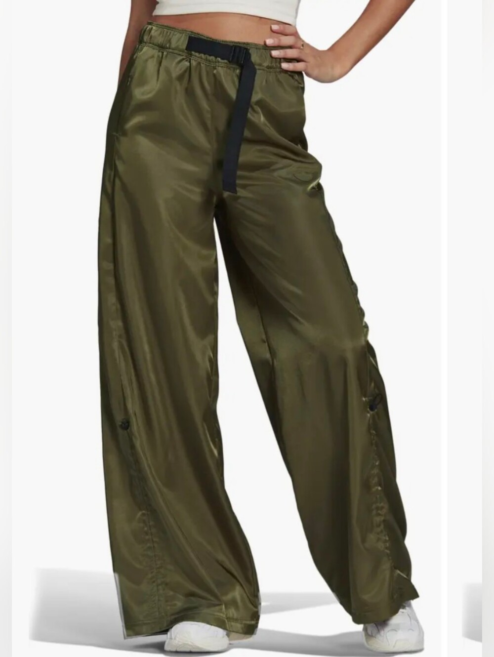 Adidas Wide Leg Satin Pants Focus Olive Loose Fit Bottoms Size Small - Picture 1 of 13